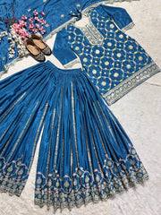 Function Wear Chinnon Silk Teal Blue Color Sharara Suit Function Wear Chinnon Silk Teal Blue Color Sharara Suit