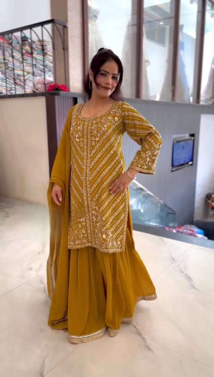 Outstanding Embroidery Work Yellow Color Sharara Suit