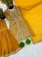 Outstanding Embroidery Work Yellow Color Sharara Suit Outstanding Embroidery Work Yellow Color Sharara Suit