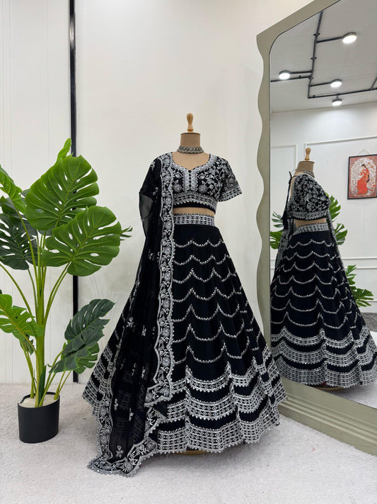 Wedding & Party Wear Gorgette Black Color Lehenga Choli