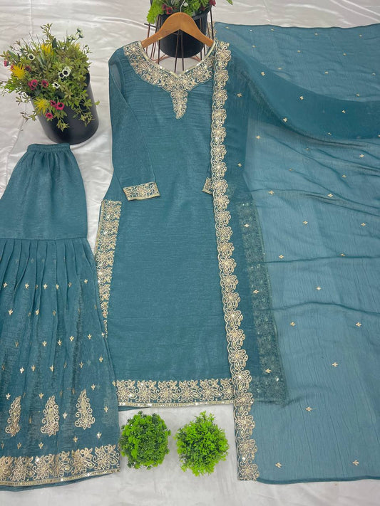 Occasion Wear Crunchy Silk Teal Blue Color Sharara Suit