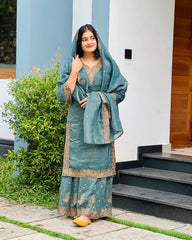 Occasion Wear Crunchy Silk Teal Blue Color Sharara Suit Occasion Wear Crunchy Silk Teal Blue Color Sharara Suit