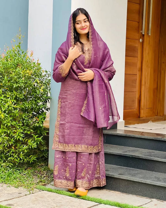 Occasion Wear Crunchy Silk Purple Color Sharara Suit