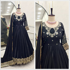 Occasion Wear Embroidery Sequence Work Black Color Gown Occasion Wear Embroidery Sequence Work Black Color Gown