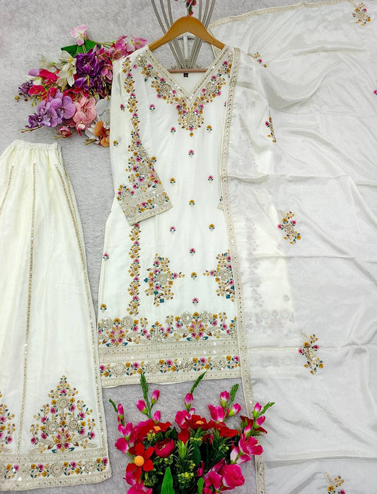 Gorgeous Embroidery Work White Color Sharara Suit