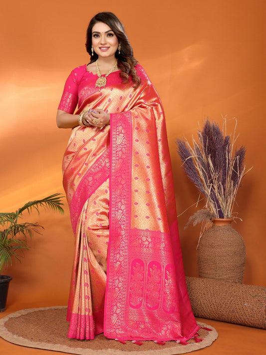 Awesome Tissue Silk Orange & Pink Color Saree