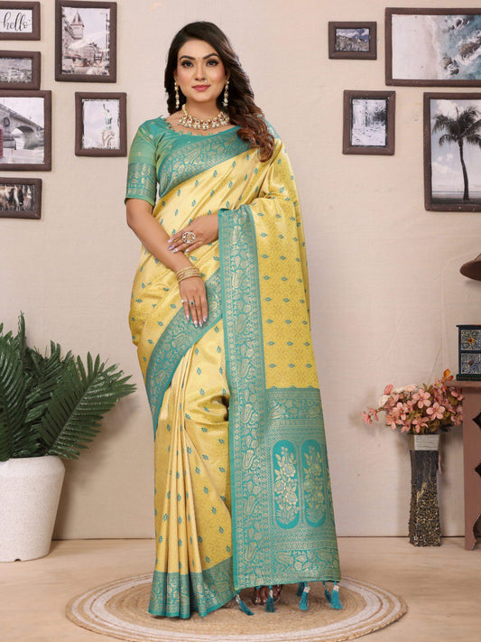 Awesome Tissue SilK Yellow & Sky Color Saree