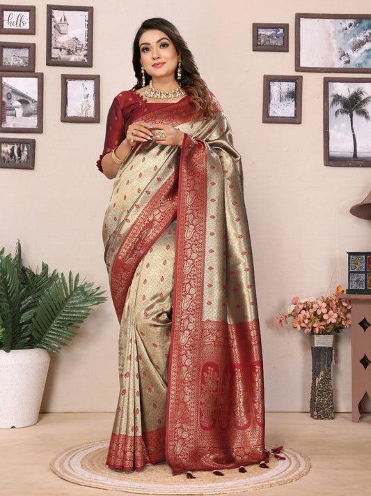 Awesome Tissue SilK Beige & Maroon Color Saree