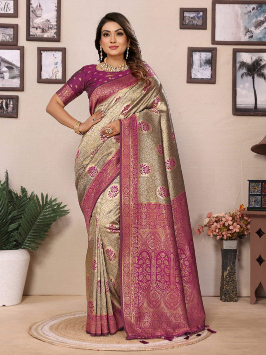 Admiring Tissue Silk Beige & Purple Color Saree