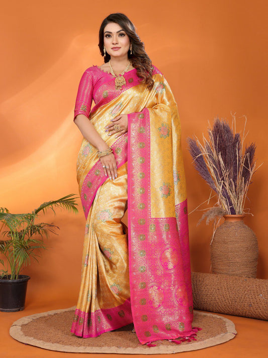 Preferable Banarasi Silk Yellow & Pink Color Saree