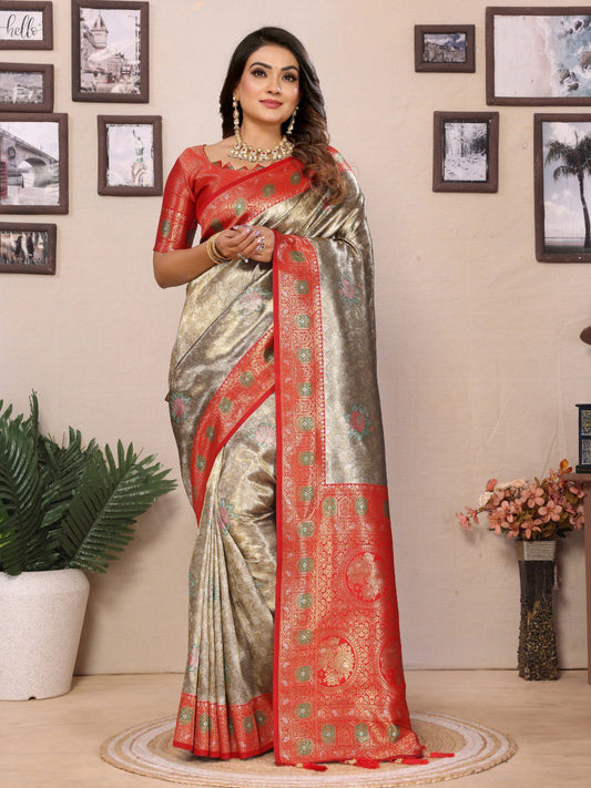 Preferable Banarasi Silk Silver & Red Color Saree