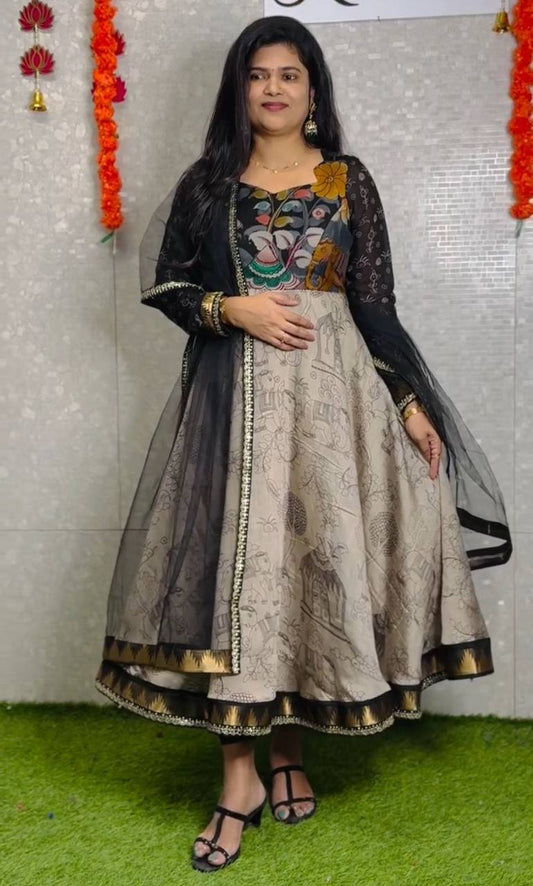 Lovely Kalamkari Print Grey Color Anarkali Gown