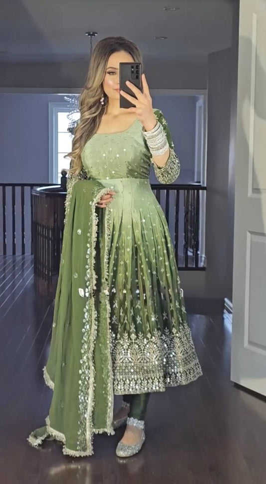 Delightful Chinon Silk Green Color Gown