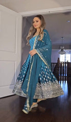 Delightful Chinon Silk Sky Blue Color Gown Delightful Chinon Silk Sky Blue Color Gown