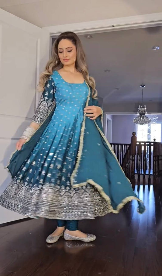 Delightful Chinon Silk Sky Blue Color Gown