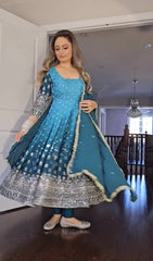 Delightful Chinon Silk Sky Blue Color Gown Delightful Chinon Silk Sky Blue Color Gown