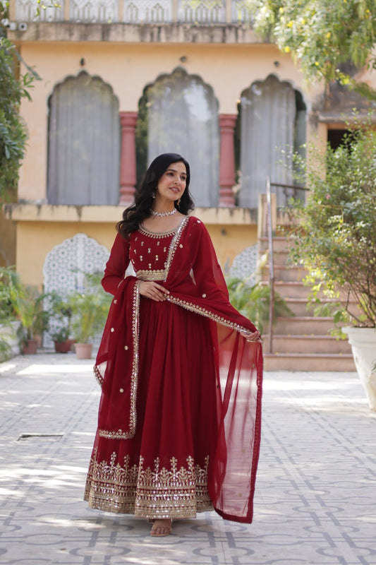 Traditional wear Embroidery Work Red Color Gown