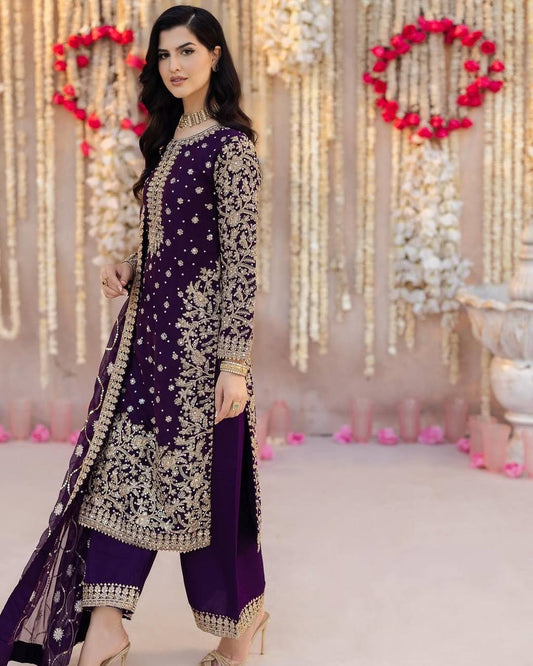 Imposing Georgette Sequence Work Purple Color Palazzo Suit