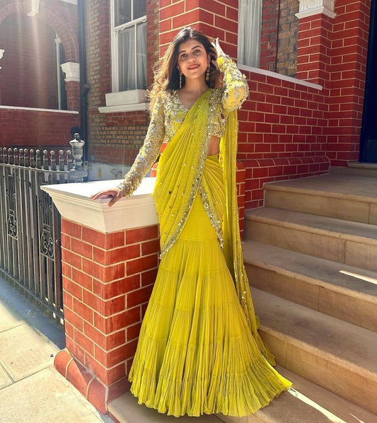 Marriage Special Gorgette Yellow Color Reday To Wear Saree