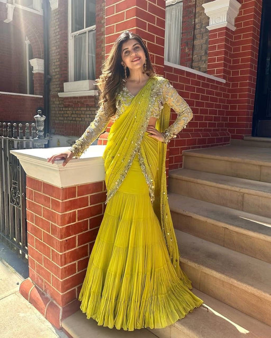 Marriage Special Gorgette Yellow Color Reday To Wear Saree