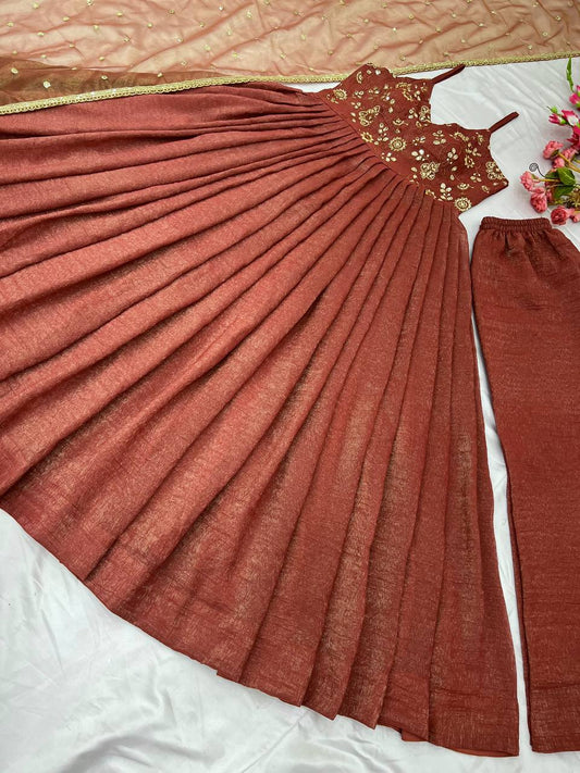 Awesome Sequence Work Orange Color Gown