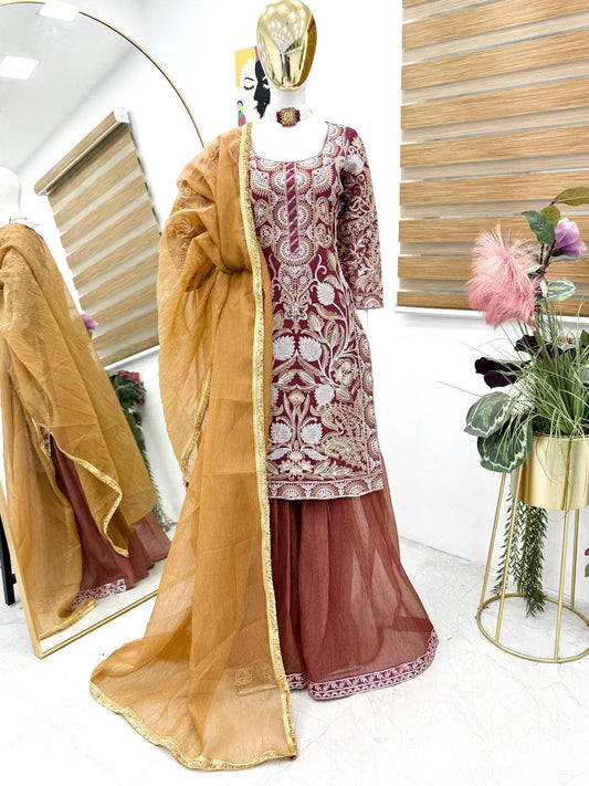 Delightful Georgette Mustard Color Palazzo Suit