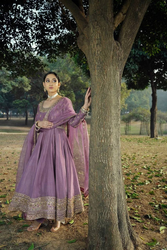 Good Looking Chinon Silk Lavender Color Anarkali Gown