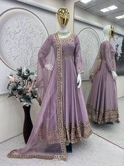 Good Looking Chinon Silk Lavender Color Anarkali Gown Good Looking Chinon Silk Lavender Color Anarkali Gown