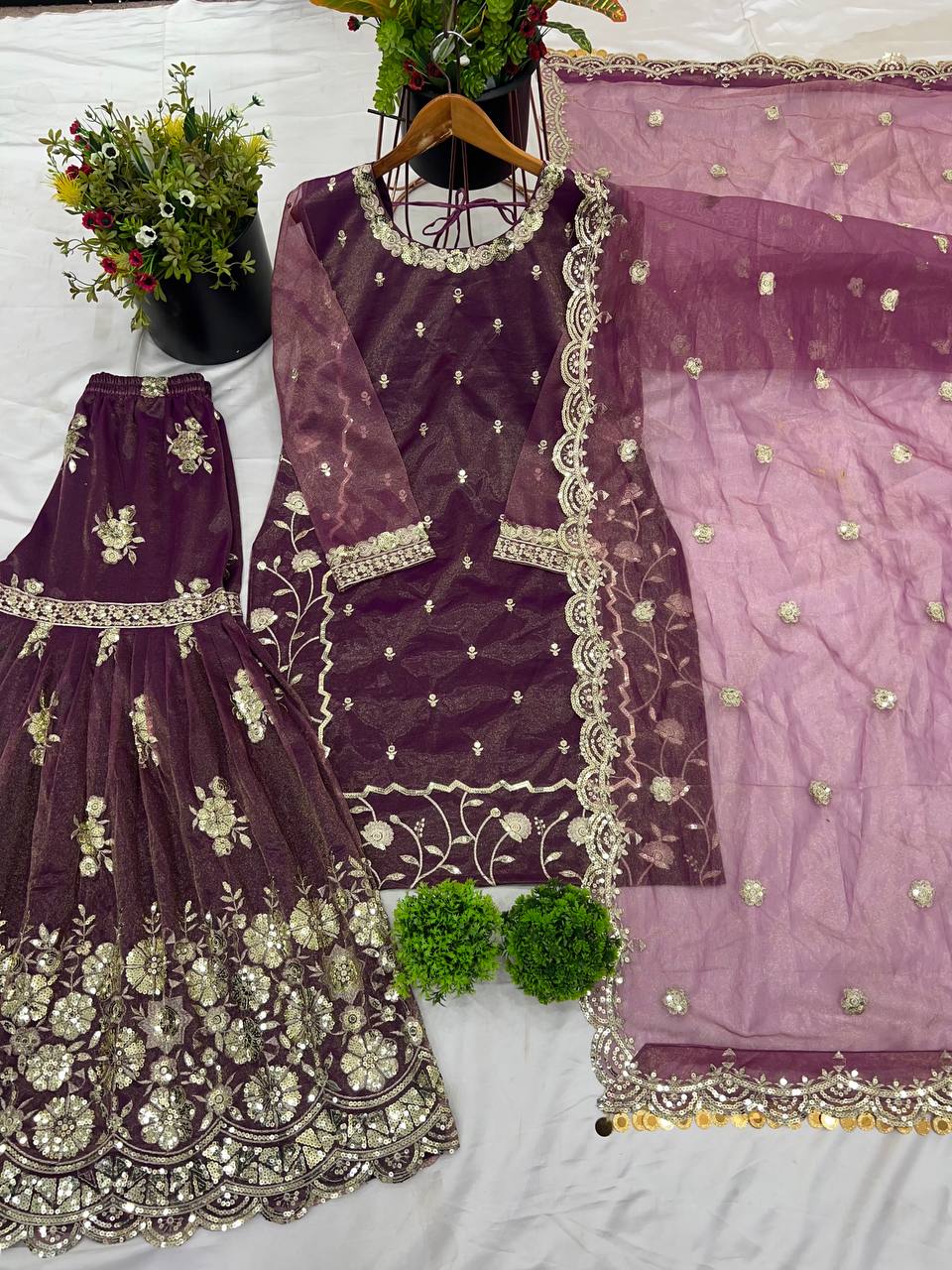 Demanding Twill Net With Heavy Embroidery Work Purple Color Sharara Suit