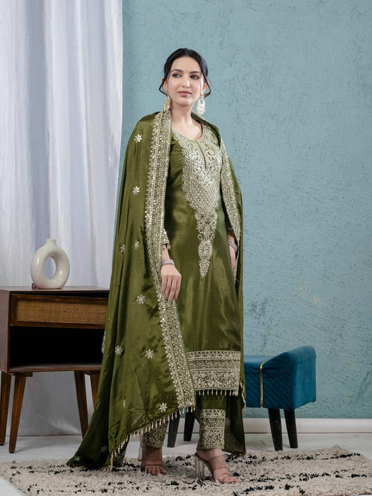 Good Looking Chinnon Silk Mehndi Wear Salwar Suit