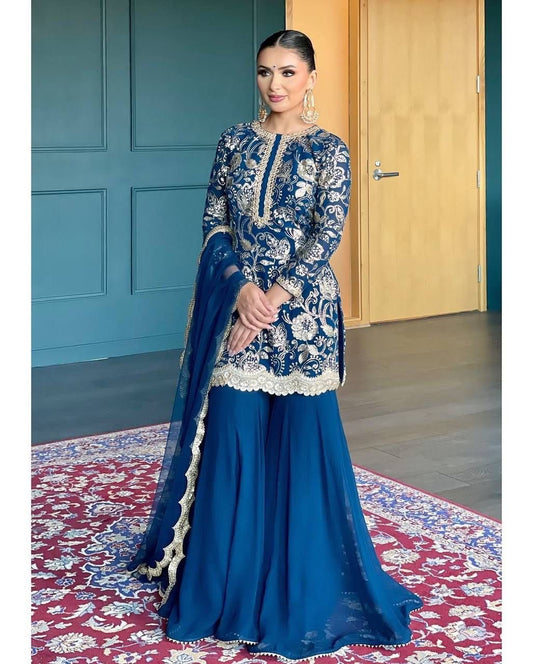 Amazing Sequence Work Teal Blue Color Sharara Suit