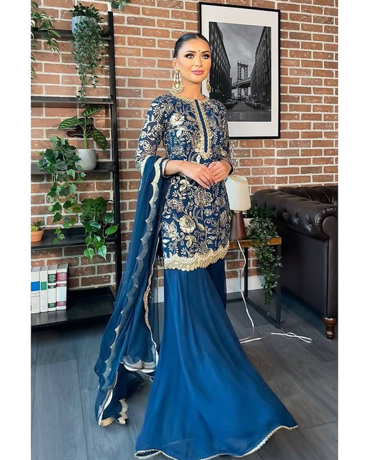 Amazing Sequence Work Teal Blue Color Sharara Suit