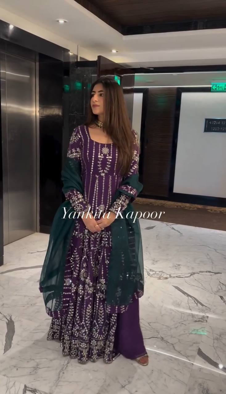 Pretty Georgette Sequence Work Wine Color Gown