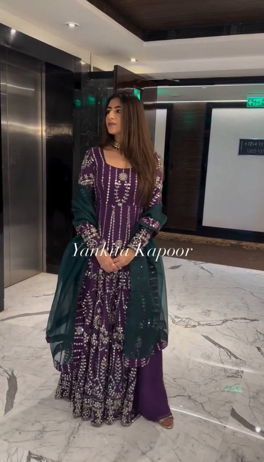 Pretty Georgette Sequence Work Wine Color Gown