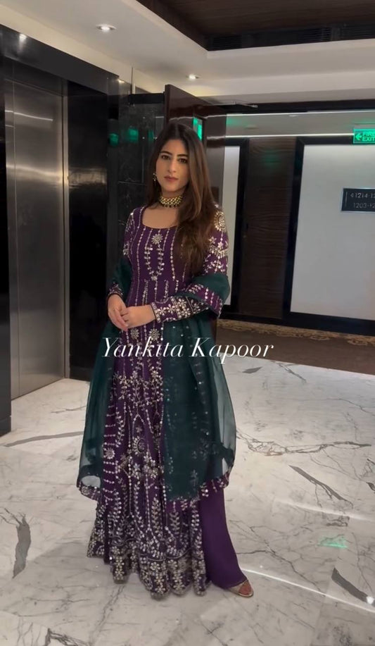 Pretty Georgette Sequence Work Wine Color Gown