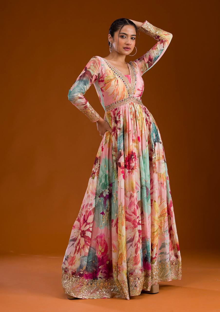 Beautiful Chinon Silk Multi Color Floral Prints Gown