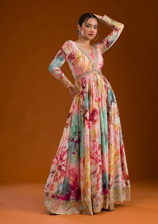 Beautiful Chinon Silk Multi Color Floral Prints Gown