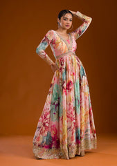 Beautiful Chinon Silk Multi Color Floral Prints Gown Beautiful Chinon Silk Multi Color Floral Prints Gown