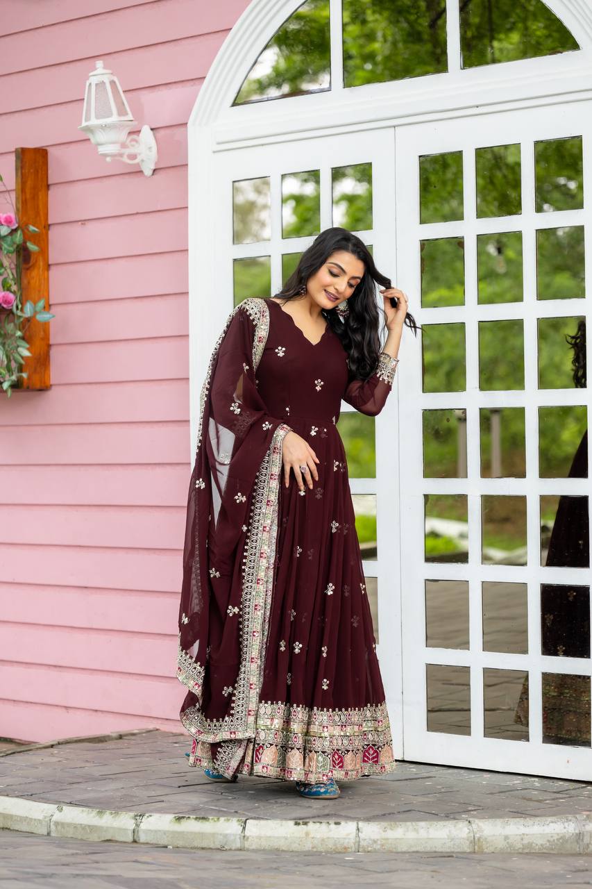 Glorious Georgette Maroon Color Gown