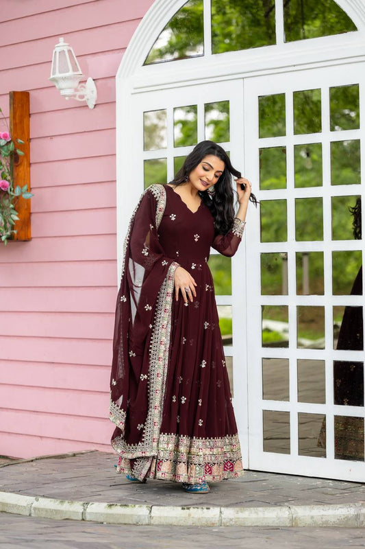 Glorious Georgette Maroon Color Gown