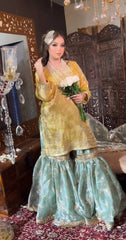 Designer Jimmy Cho Yellow And Sky Blue Color Sharara Suit Designer Jimmy Cho Yellow And Sky Blue Color Sharara Suit