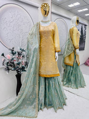 Designer Jimmy Cho Yellow And Sky Blue Color Sharara Suit Designer Jimmy Cho Yellow And Sky Blue Color Sharara Suit