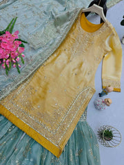 Designer Jimmy Cho Yellow And Sky Blue Color Sharara Suit Designer Jimmy Cho Yellow And Sky Blue Color Sharara Suit