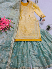 Designer Jimmy Cho Yellow And Sky Blue Color Sharara Suit Designer Jimmy Cho Yellow And Sky Blue Color Sharara Suit