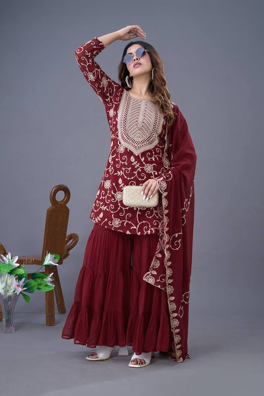 Captivating Georgette Embroidery Work Maroon Color Sharara Suit