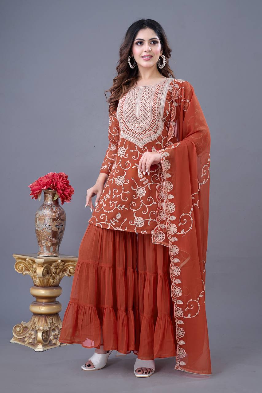 Captivating Georgette Embroidery Work Orange Color Sharara Suit