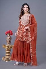 Captivating Georgette Embroidery Work Orange Color Sharara Suit Captivating Georgette Embroidery Work Orange Color Sharara Suit