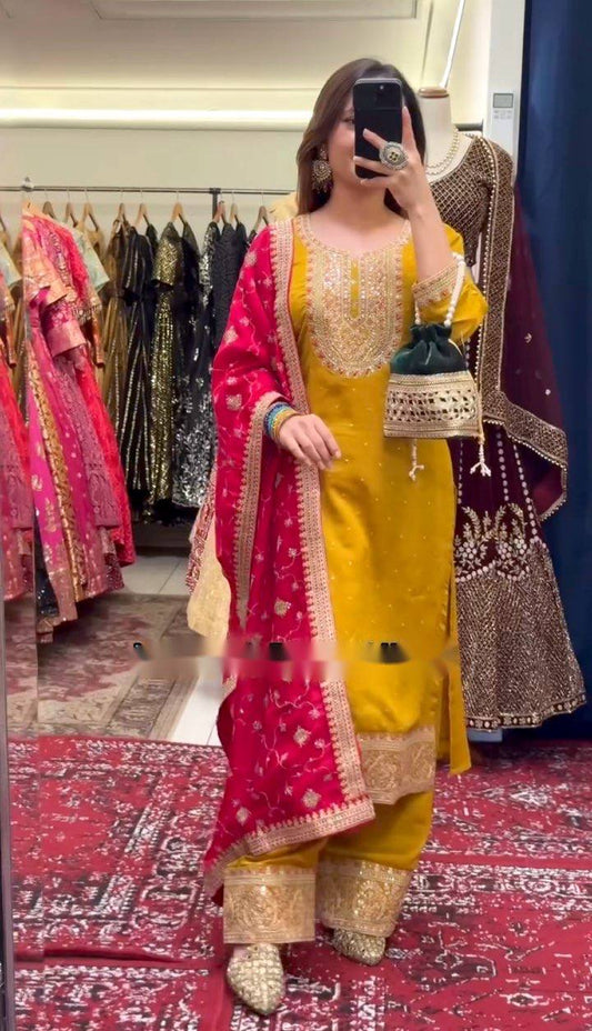 Beautiful Ravet Moti Work Yellow Color Salwar Suit