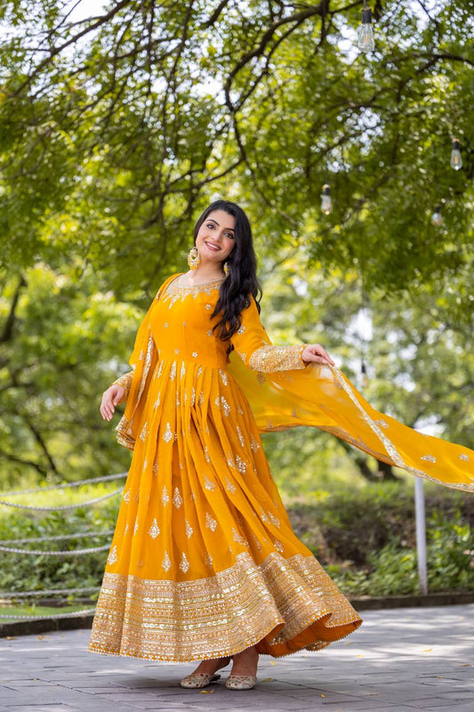 Elegant Embroidery Sequence Work Yellow Color Gown