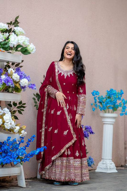 Elegant Embroidery Sequence Work Red Color Gown